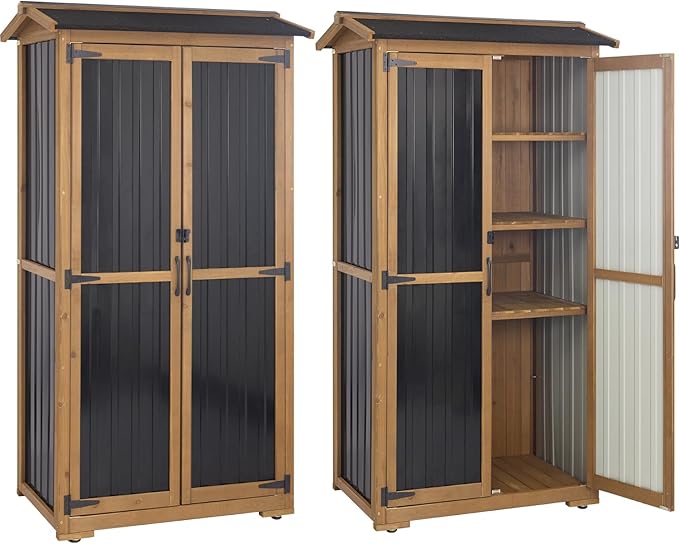 Storage Cabinet Outdoor Garage Cabinets with 3 Adjustable Shelves, Lockable Door, Wood & Metal Weather-Resistant Pantry Cabinet for Patio Garden Home Farm (33.3" Lx 21" Wx 69" H)