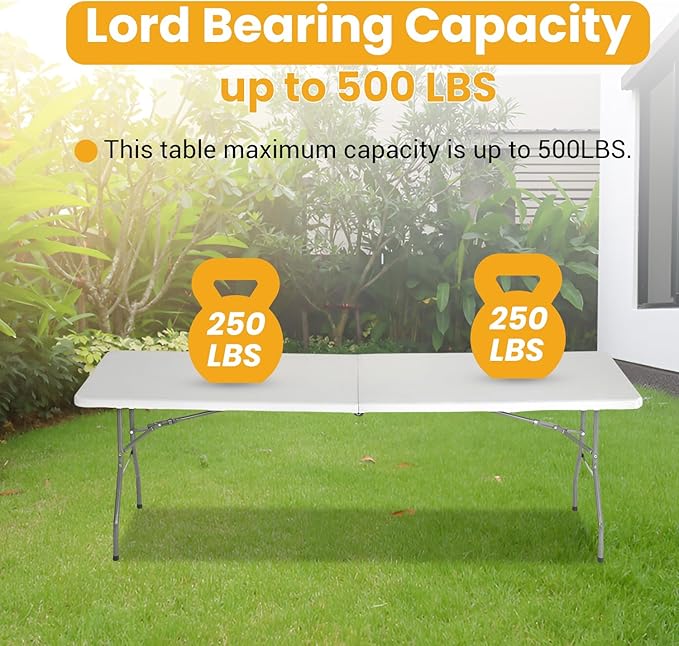 FDW 6FT Folding Table, Portable Fold-in-Half Plastic Picnic Party Table with Carrying Handle （White, 6FT）