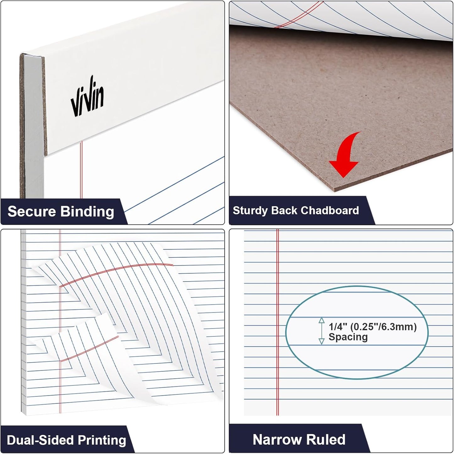 ViVin 5 x 8 Inch Legal Pads, 12 Pack, Narrow Ruled, 50 Sheets Per Writing Pad, Perforated Note Pads Ideal for Home, Office, Business, 600 Sheets, White Paper