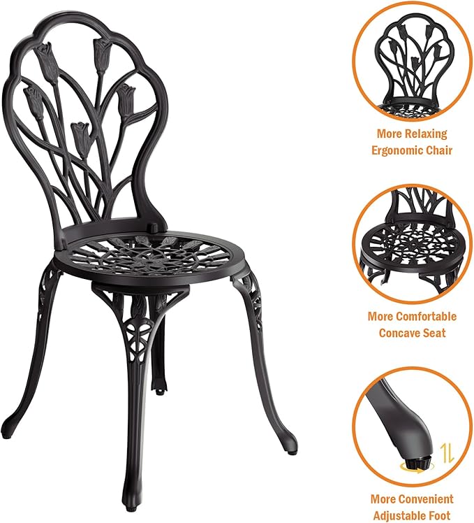 Outdoor Bistro Table and Chairs Set of 2, 3 Piece Patio Bistro Set w/Umbrella Hole, Rust-Resistant Cast Aluminum Bistro Set for Garden/Balcony/Backyard, Black