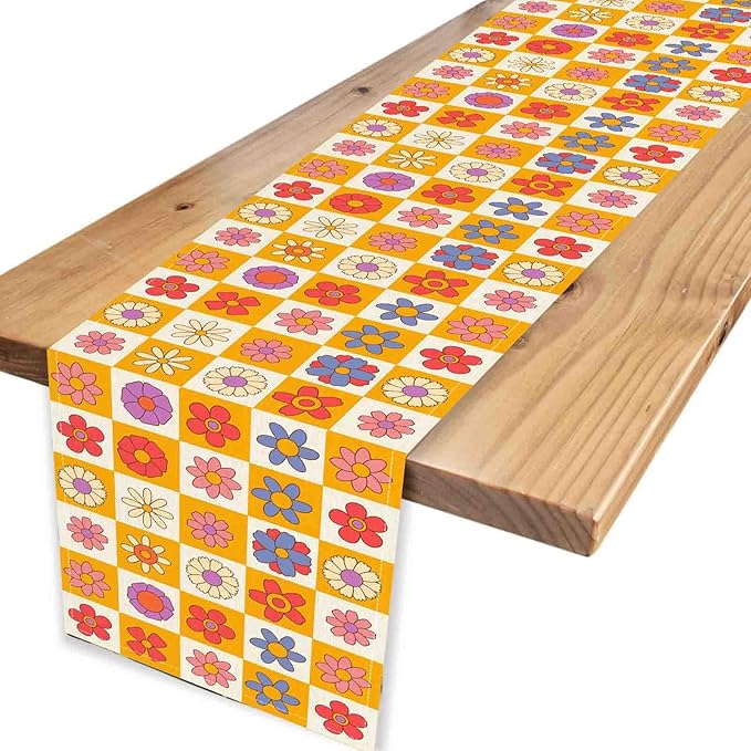 70s Table Runner, Retro Groovy Hippie Daisy Floral Colorful Checkered Funky Trippy Coffee Table Center Decor For Home Kitchen Dining Patio Holiday Party Indoor Outdoor Table Decorations, 13"x108" Inch