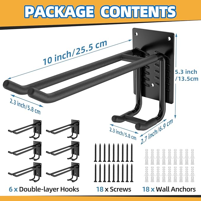 6 Pack Garage Hooks 10 INCH Heavy Duty Double-Layer Steel Shed Wall Mount Workshop Garage Storage Tool Organizer Hooks for Hanging Garden Tool, Hose, Ladder, Chairs, Bikes with Anti-Slip Coating
