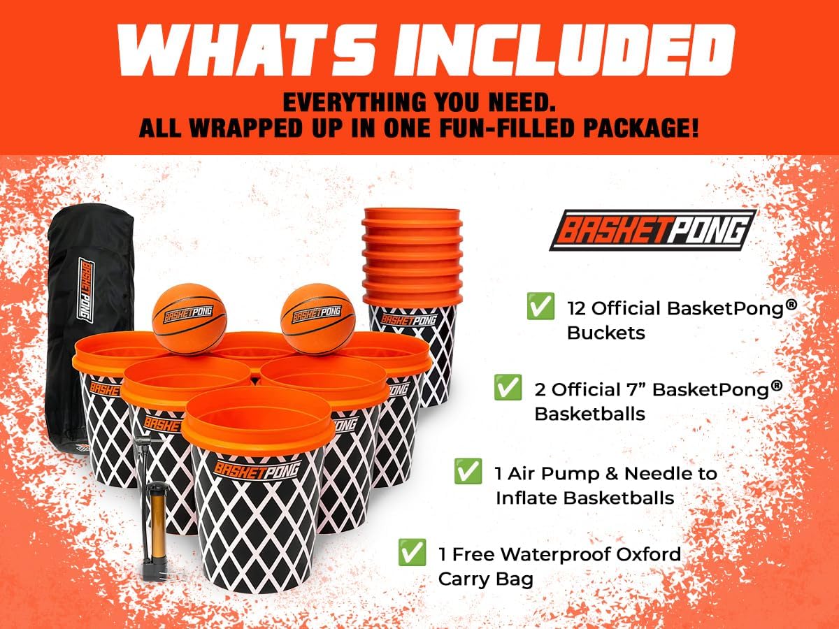 Giant Yard Pong and Basketball Game with 12 Buckets, 2 Balls, Carrying Bag, and Air Pump – Outdoor Game for Lawn, Backyard, Beach, and Parties