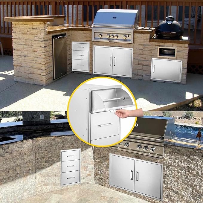 TIANAI Outdoor Kitchen Double Drawer w/Paper Towel Holder Combo Works with Your Grilling or Prep Zones for Outdoor BBQ Island 17W-30H-21D inch