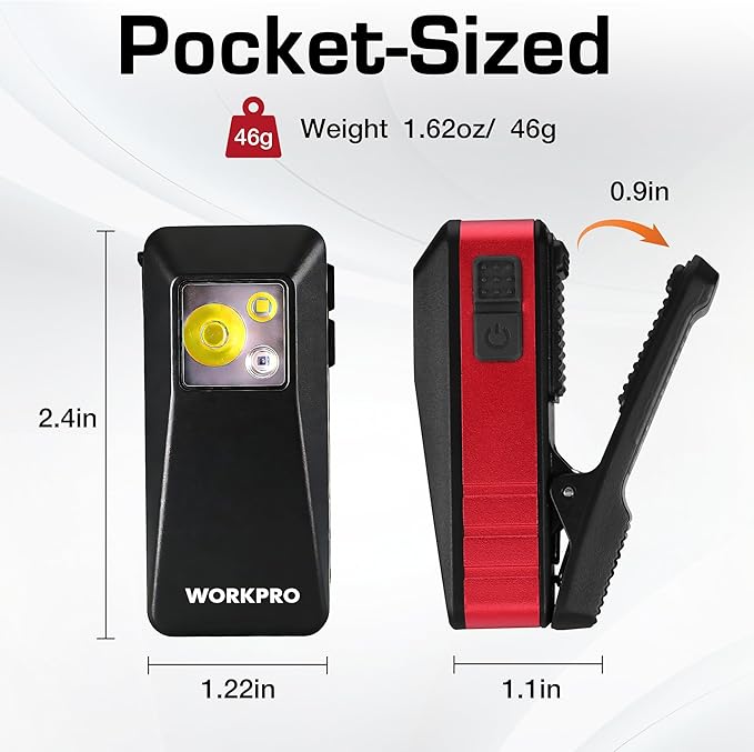 WORKPRO 2PCS EDC Flashlight Clip-on Light, 500 Lumens Rechargeable Flashlight with Type-C, Magnetic Pocket Light for Working, Cycling, Signaling, Running, Camping