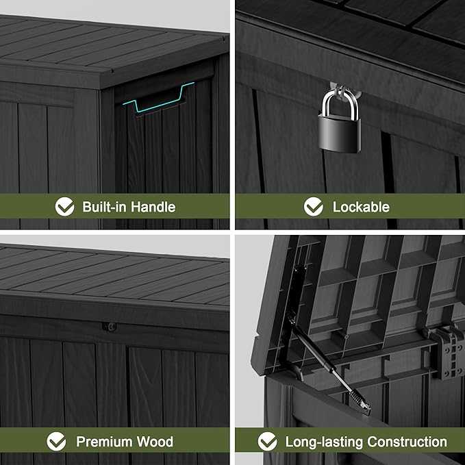 150 Gallon Resin Deck Box, Waterproof Outdoor Storage Box for Patio Furniture, Garden Tools, and Pool Accessories, Lockable UV-Resistant Storage Bin Bench Cabinet for Outside, Black