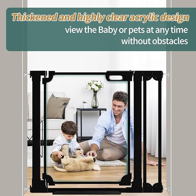 Clear Baby Gate 29.13-37.79" Wide Acrylic Safety Proof Dog Puppy Pet Barrier for Stairs, Transparent Adjustable Pressure Mounted No Drill Auto Close Indoor, Doorways, Hallway,Black