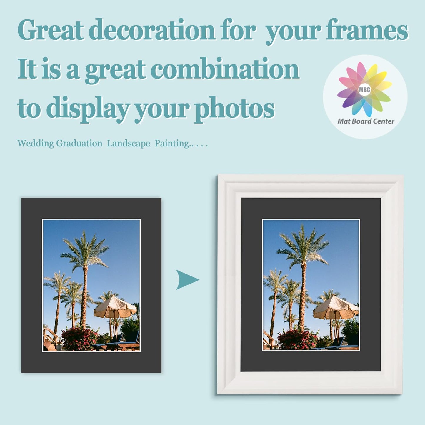 MBC Mat Board Center, 5 Pack 8x10 for 6x8 Black Picture Mats Frame Mattes, Bevel Cut, Acid Free, 4-ply Thickness