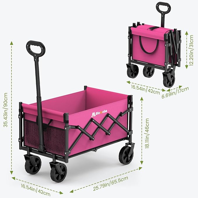 Collapsible Wagon with Wheels, 220 lbs Wagons Carts Foldable Wagon Cart with Flexible Handle, Lightweight Portable Folding Utility Grocery Shopping Cart for Grocery Sports Garden Camping, Pink