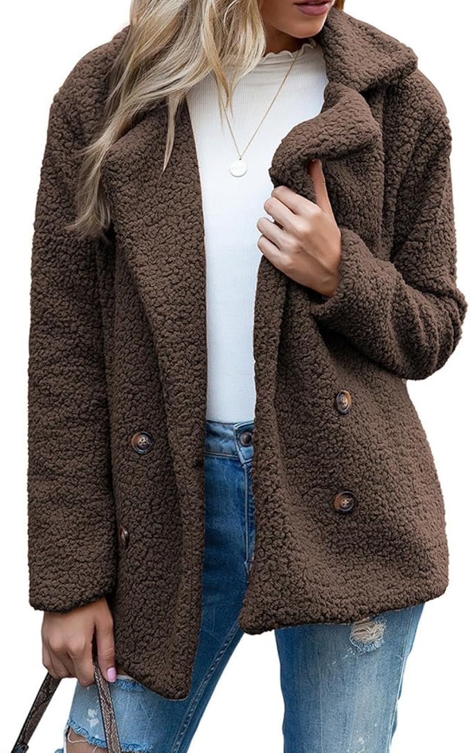 Women's Winter Warm Plush Cardigan Fuzzy Fleece Lapel Jacket with Buttons Pockets Long Sleeve Casual Outerwear