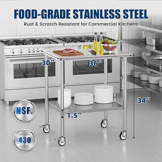 Stainless Steel Work Table with Wheels, 30x36 Inch NSF Food Prep Table with Backsplash & Adjustable Undershelf for Kitchen, Restaurant, Garage