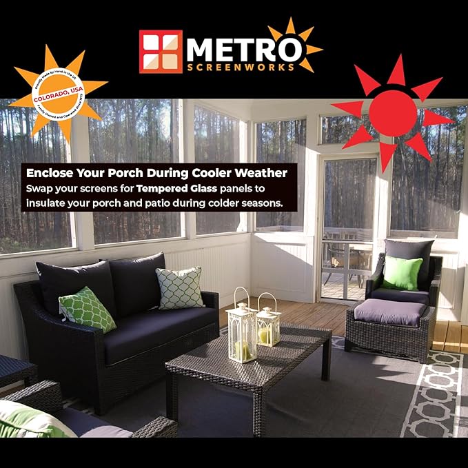 Metro Screenworks Framed Tempered Glass Panel for Porch & Patio Panels, Outdoor Enclosures, (30-1/2" x 6-1/4", Black) Enclose Your Porch with Tempered Glass Panels - Glass Panel Replacement