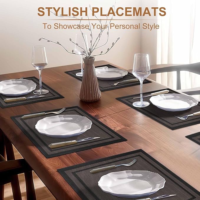 BETEAM Placemats Set of 6, Woven Vinyl Placemat for Dining Table Washable Wipeable Kitchen Place Mats Durable Indoor Outdoor Table Mats