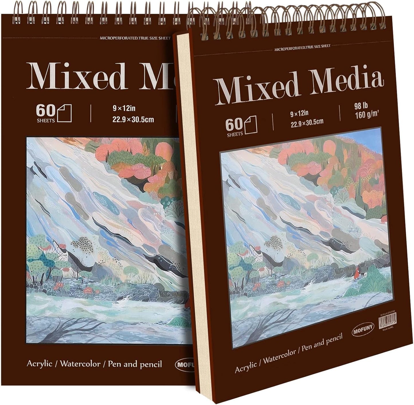 Mixed Media Sketchbook 9" x 12", 60 Sheets Each (98lb/160gsm), 2 Pack, Heavyweight Drawing Papers, Top Spiral Bound Hardcover Sketchbook, for Wet and Dry Media, Drawing, Painting