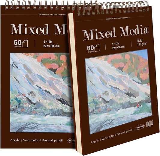Mixed Media Sketchbook 9" x 12", 60 Sheets Each (98lb/160gsm), 2 Pack, Heavyweight Drawing Papers, Top Spiral Bound Hardcover Sketchbook, for Wet and Dry Media, Drawing, Painting