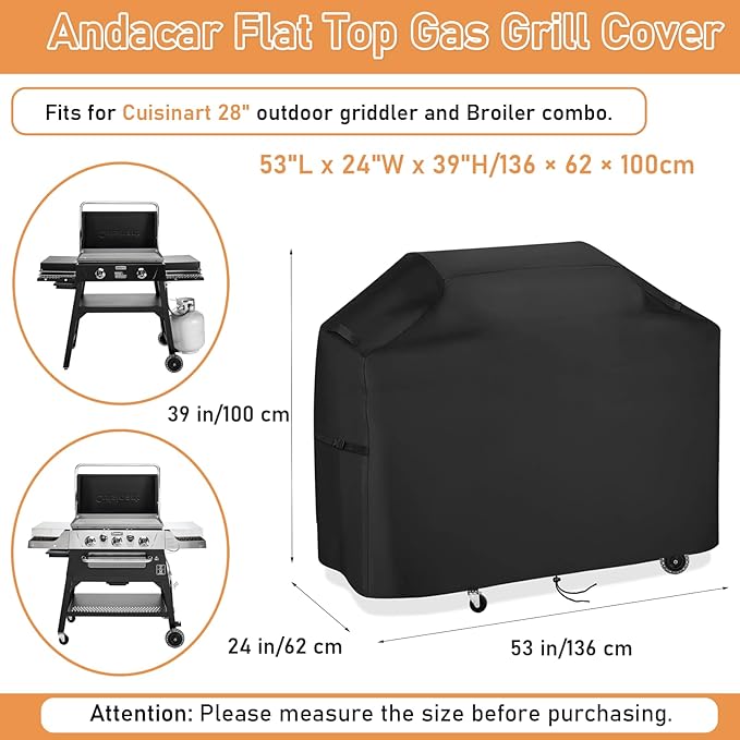 Grill Cover for Cuisinart 28" Outdoor Flat-Top Barbecue Covers, Waterproof 2-in-1 Carbon Steel Griddle Gas Grill Cover - 53" L×24" W×39" H