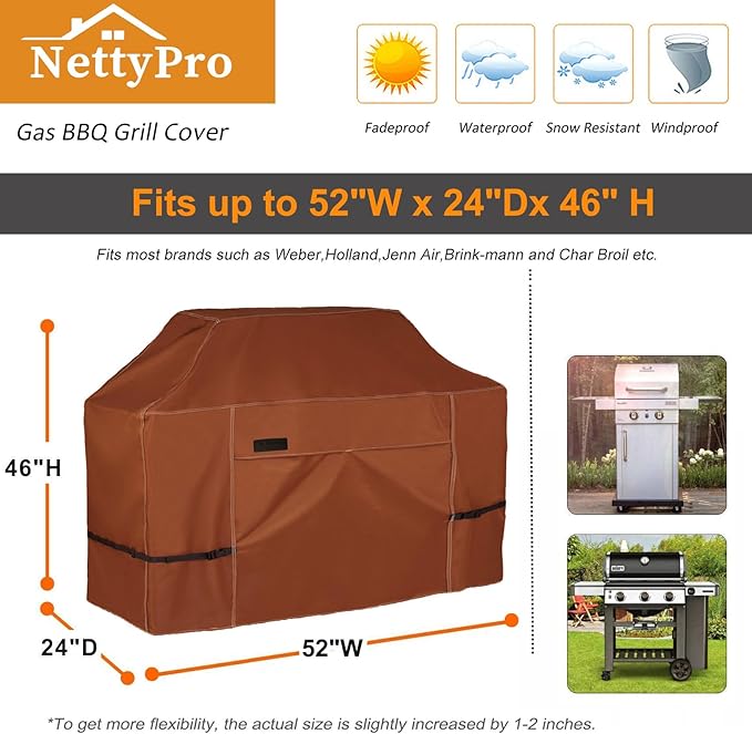 NettyPro BBQ Grill Cover 52 inch Heavy Duty Waterproof Outdoor 2-3 Burners Gas Grill Cover for Outside Weber, Char-Broil, Brinkmann, Nexgrill Barbecue, Brown