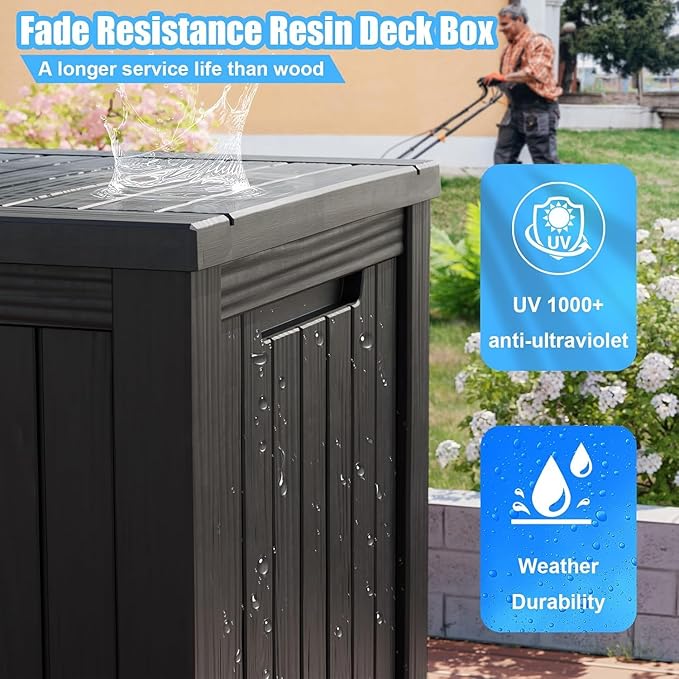 200 Gallon Resin Deck Box, Waterproof Outdoor Storage Box for Patio Furniture, Garden Tools, and Pool Accessories, Lockable UV-Resistant Storage Bin Bench Cabinet for Outside, Black