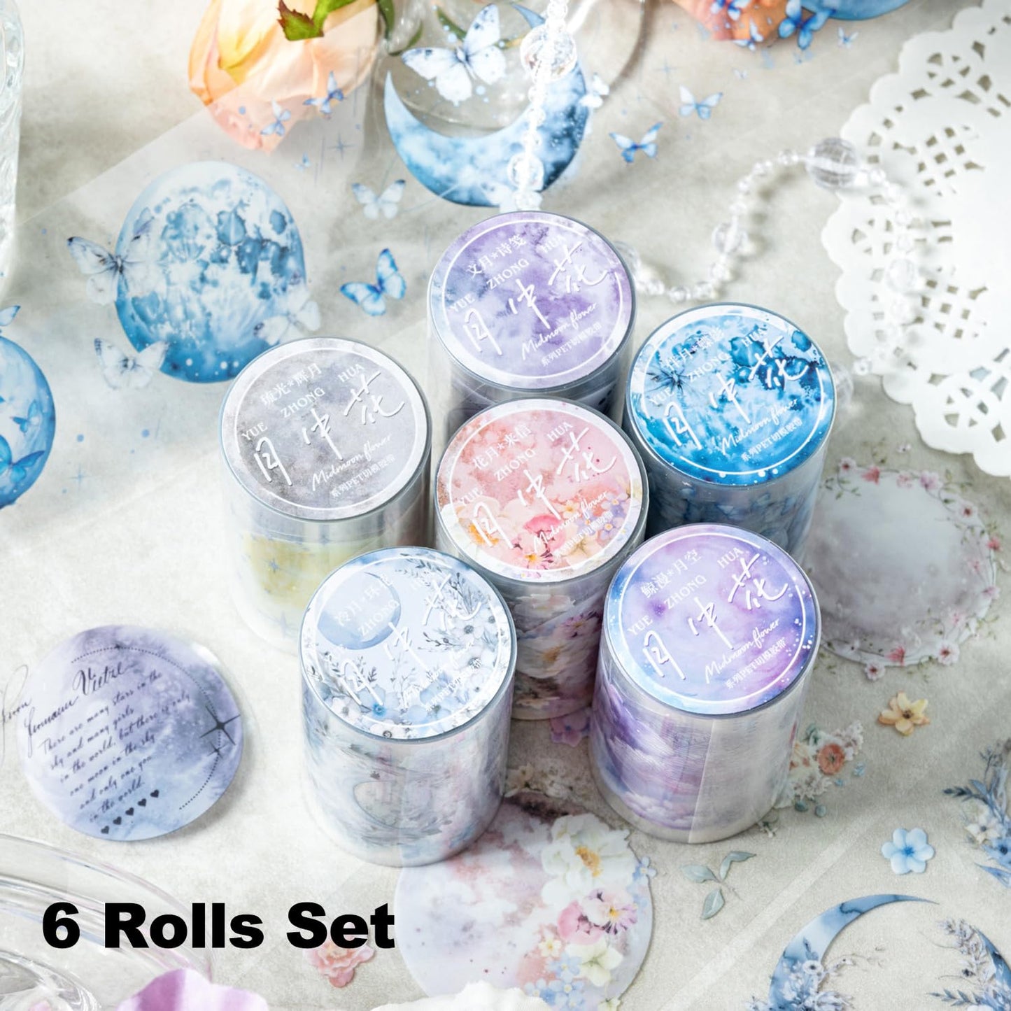 6 Rolls Moon Flower PET Tape Set, Pre-Cut Aesthetic Stickers for Journaling, Scrapbooking, and DIY Crafts, with Decorative Clip