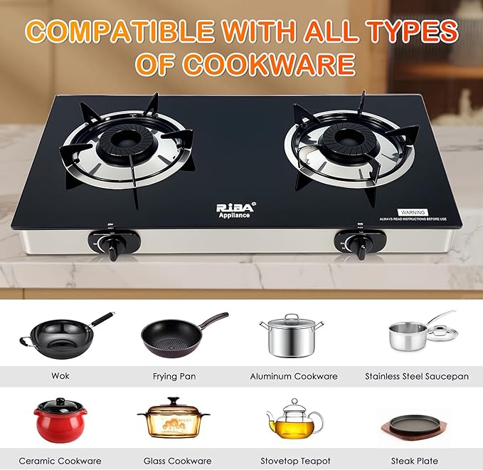 2 Burner Propane Gas Stove, Portable Tempered Glass Camping Stove Propane with Auto-Ignition, 20472 BTU Burners for Cooking, Outdoor, Camping, RV & Emergency Use