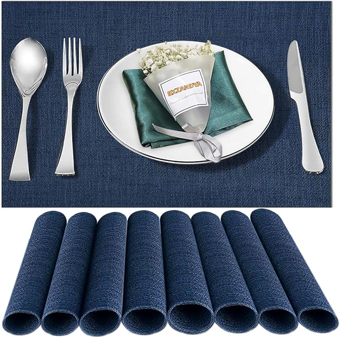 Placemats Set of 8,Washable,Heat and Stain Resistant Indoor/Outdoor Place mats,Vinyl Woven Non Slip Table Mats for Restaurant Table Protection,PVC Placemats(Navy Blue,8PCS)