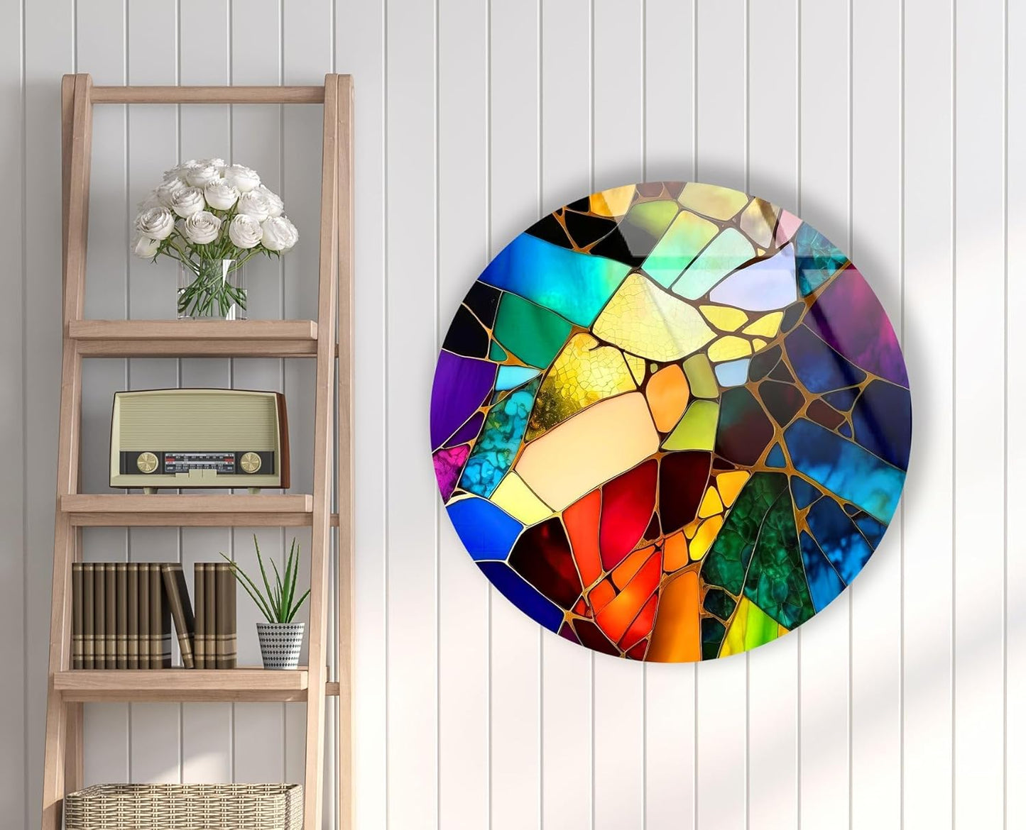 My Photostation.com 20''(50cm) Diameter Multicolor Round Stained Glass Wall Art Vibrant Mosaic Abstract Panel Tempered Glass Printing Wall Decor Large Wall Art Wall Hangings