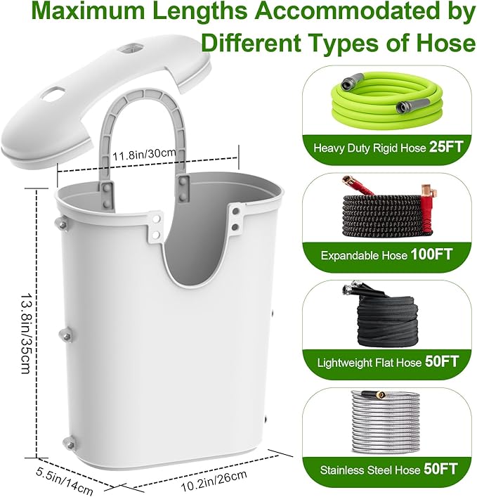 Riokko Garden Hose Holder Bucket, Hose Storage, Water Hose Storage for Outside, Hose Box Fits 25FT Heavy Duty/100FT Expandable/50FT Flat/50FT Stainless Steel Hoses, Hanging Handle & Drain Hole Design