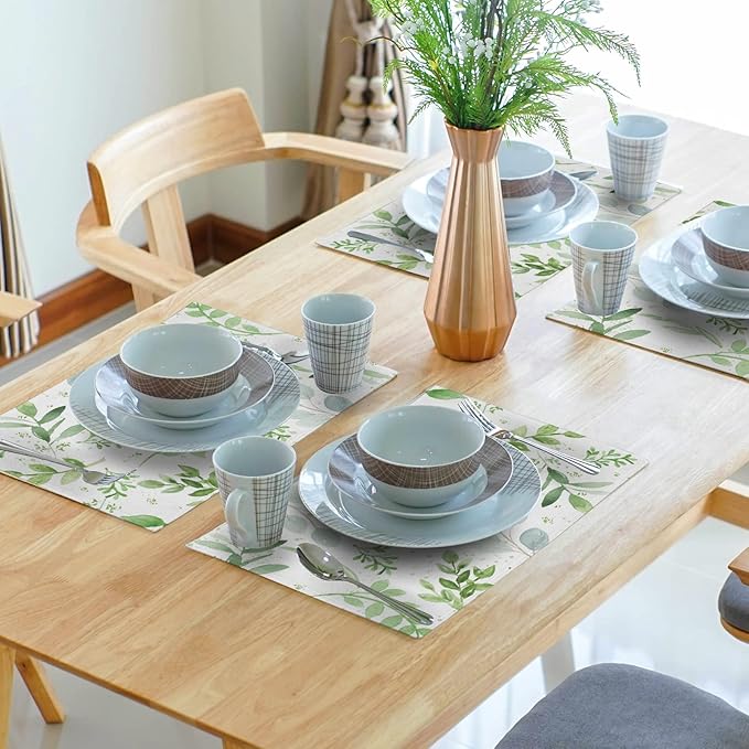 Giwawa Leaf Spring Placemats Set of 4 Sage Green Eucalyptus Leaves Linen Non Slip Place Mat Watercolor Summer Botanical Rustic Farmhouse Kitchen Decorations 12x18 Inch for Home Dining Table Party