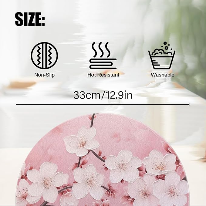 Round PU Leather Placemats Set of 4,Pink Cherry Blossoms Flowers Ding Round Table Placemat Easy to Clean Heat-Resistant Waterproof Non-Slip Place Mats for Party Coffee Bar,13inch