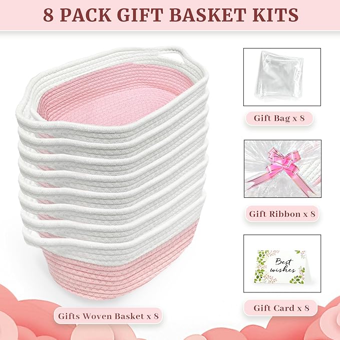Succwoah 8 Pack Small Woven Baskets with Gift Bags & Ribbons & Cards, Cotton Rope Nursery Storage with Handles, 12"x8"x5", Empty Gift Baskets for Baby Shower, Christmas, Thanksgiving, Organizer (Pink)