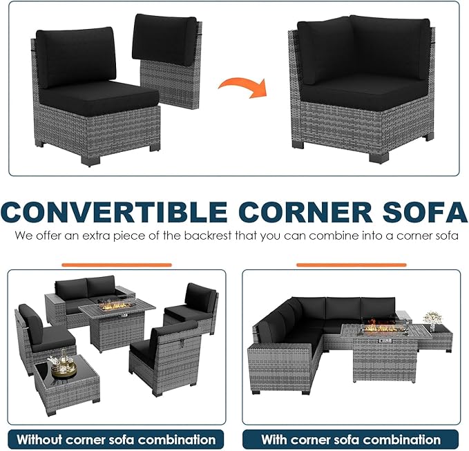 7 Piece Patio Furniture Set with Fire Pit Table, Outdoor Sectional Conversation Sets Wicker Rattan Sectional Sofa with Coffee Table for Patio Garden Backyard, 4'' Thickened Cushion Black