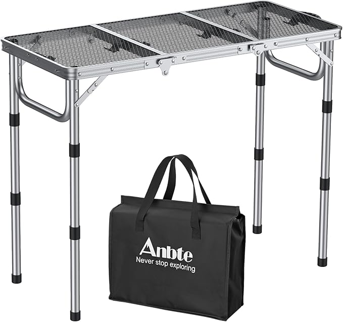 Anbte 3ft Folding Grill Table with Storage Bag, 3 Adjustable Height 27.5" Aluminum Portable Grill Table, Heat Resistant, Lightweight, Portable Handle for BBQ Cooking Camping Travel, 35" X 16", Silver