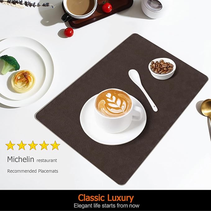 Vinyl Placemats Set of 4 Faux Leather 100% Waterproof Wipeable Washable Place Mats Heat Resistant Easy Clean Non-Slip Table Mats for Indoor Outdoor. (4,Coffee)