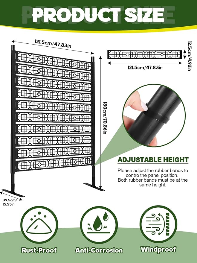 6FT Metal Privacy Screen for Outdoor, Kalolary Privacy Fence Screen Freestanding Steel Privacy Fence Panels with Stand Decorative No-dig Space Divider Fence for Patio Balcony Backyard Indoor