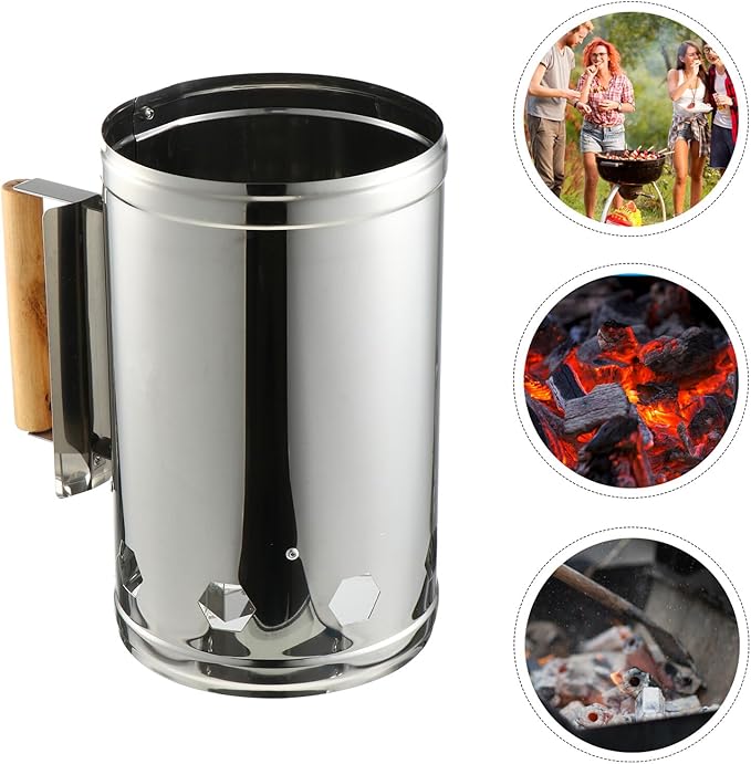 GANAZONO Quick Coal Starter Barrel BBQ Chimney Starter Grill Fire Starter with Heat Shield and Wooden Handle for Outdoor Barbecue Cooking