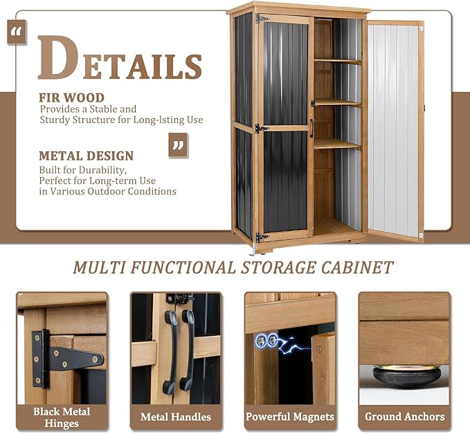 Outdoor Storage Cabinet, Wood & Metal Storage Shed with Weather-Resistant Roof, Removable Shelves, Lockable Doors, Outside Storage Tool Organizer for Garden, Patio, Backyard, Garage, Pool