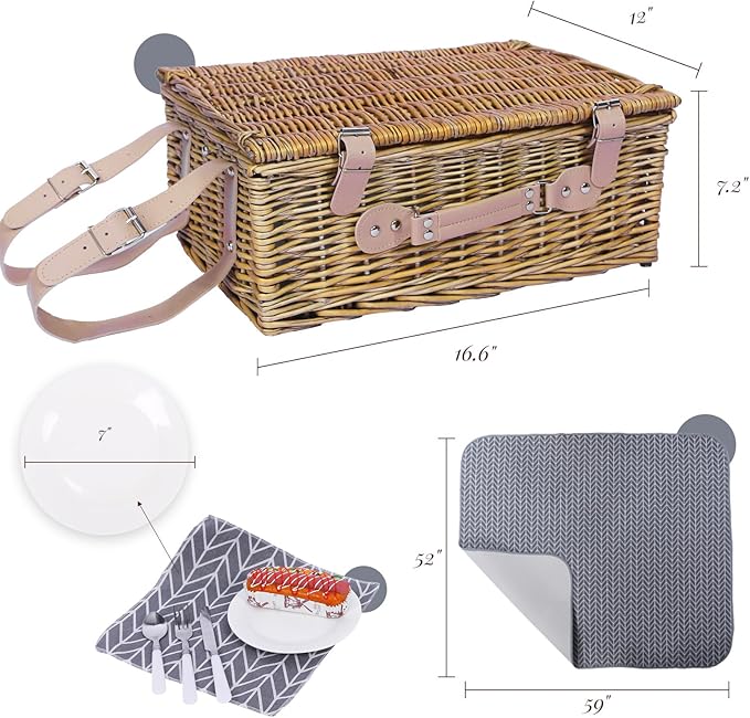 Neti Neti Wicker Picnic Basket for 4 with Insulated Cooler & Waterproof Blanket – Large Willow Picnic Hamper for Outdoor, Camping, Beach, Romantic Dates, Valentine’s Day