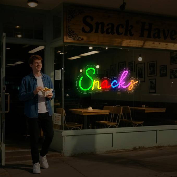 Snacks Neon Sign, Snack Bar Sign for Wall Decor, Colorful Snacks Neon Light Sign for Cake Candy Shop Coffee Bars, Dimmable USB Powered Light Up Sign
