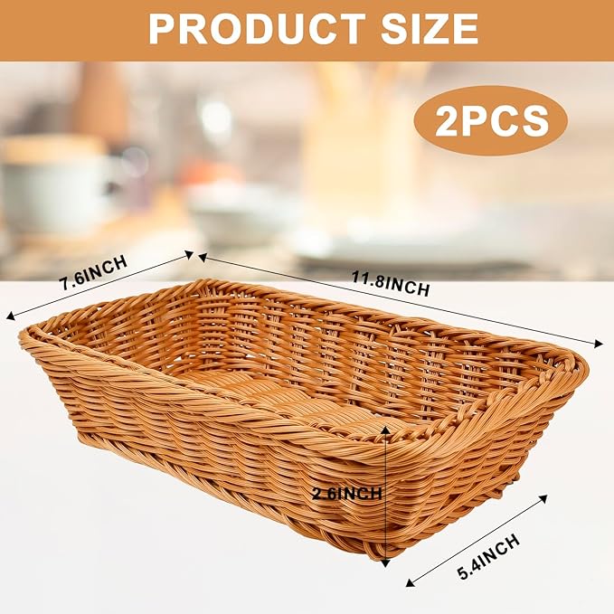 2 Pack 12" Rectangular Poly Wicker Bread Baskets, Durable Woven Serving Basket for Fruits, Vegetables Bread Indoor/Outdoor Use in Kitchen, Home, Restaurant