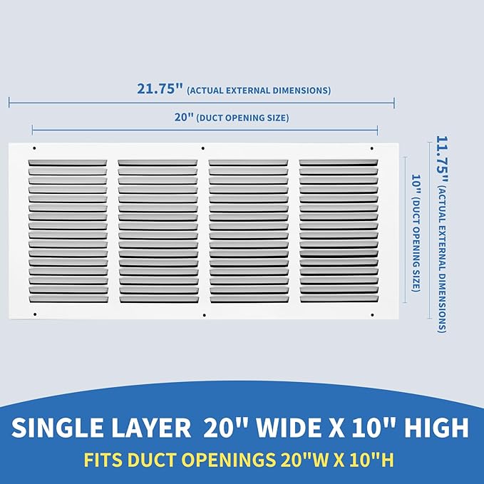 20x10 Return Air Grille (Duct Opening Size), Air Return Vent Cover, AC Vent Cover, Cold Air Return Vent Cover, Flat Return Air Grilles, Outer Dimensions:21.75"W x 11.75"H (20"W x 10"H, Duct Opening)