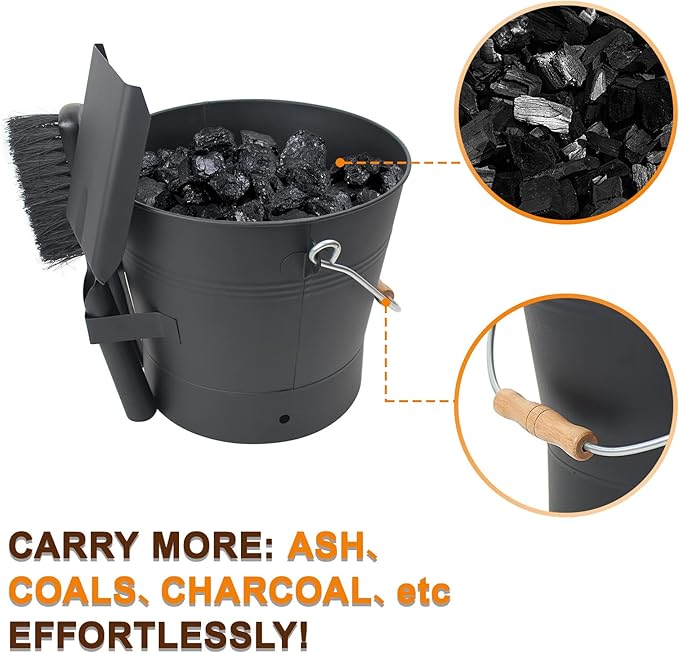BRIAN & DANY Ash Bucket with Lid, 2.6 Gallon Fireplace Ash Bucket with Shovel and Hand Broom, Metal Bucket for Fireplace, Fire Pit, Wood Burning Stove, Black