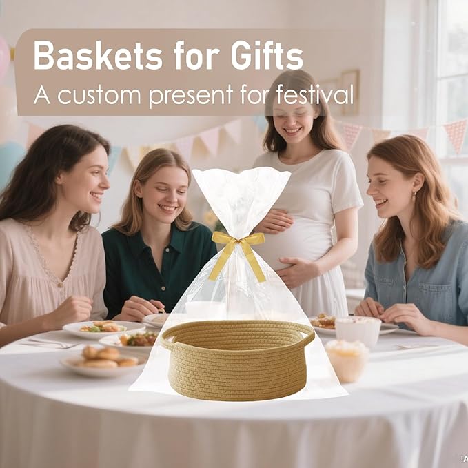 Woven Basket,Small Rope Storage Bin with Handles & Ribbon Bag, Organizer for Shelves Closets,Gift Basket Empty for Birthday,Books,Dog Toys, Jute