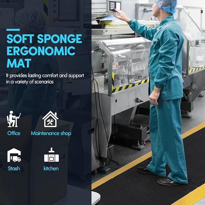 2 x 5 FT Anti Fatigue Mats Industrial 15/16 Inch Thick Soft Sponge Ergonomic Mat Durable Heavy Duty Diamond Plate for Standing Non Slip Industrial Grade Floor Mat for Leg & Back Pain