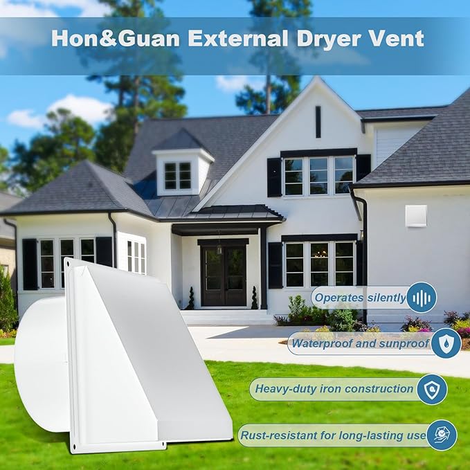 Hon&Guan Dryer Vent Cover Outside with Removable Mesh, Wall Mount Extractor Vent with Rubber Cushioned Non-Return Flap, Metal Outside Dryer Vent Cover for House (White, 4 Inch)