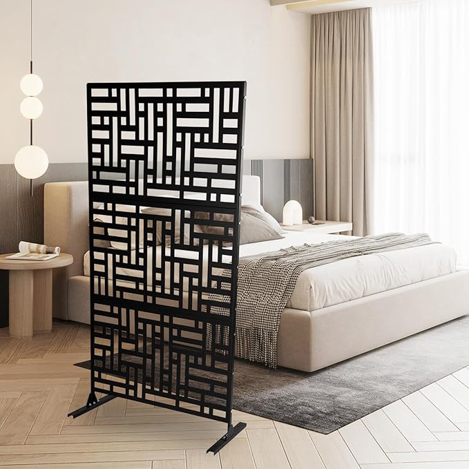 75" H×35" W Decorative Outdoor Privacy Screen with Stand, Outdoor Decor Privacy Fence Screen Metal Fence Panels, Free Standing Metal Divider for Patio Lawn Deck (Black-Street)