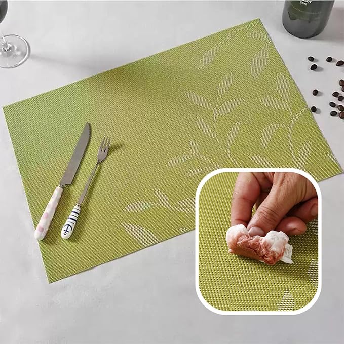 Leaf Placemats Set of 8, Non-Slip Heat-Resistant 18" x 12" Vinyl Washable Placemats for Kitchen Indoor Outdoor Party Birthdays Weddings Decoration (Green)