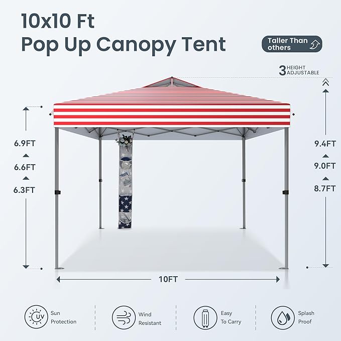 PHI VILLA 10x10 Pop Up Canopy Tent - One Push Setup, Instant Shade Tent with Vented Roof for Beach & Events - Includes Storage Bag, Sandbags, Stakes & Ropes (American Flag)