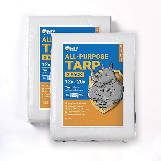 GUARD SHIELD White Tarp 12x20 Feet Medium Duty All Purpose Poly Tarps Cover 7mil (2-Pack)