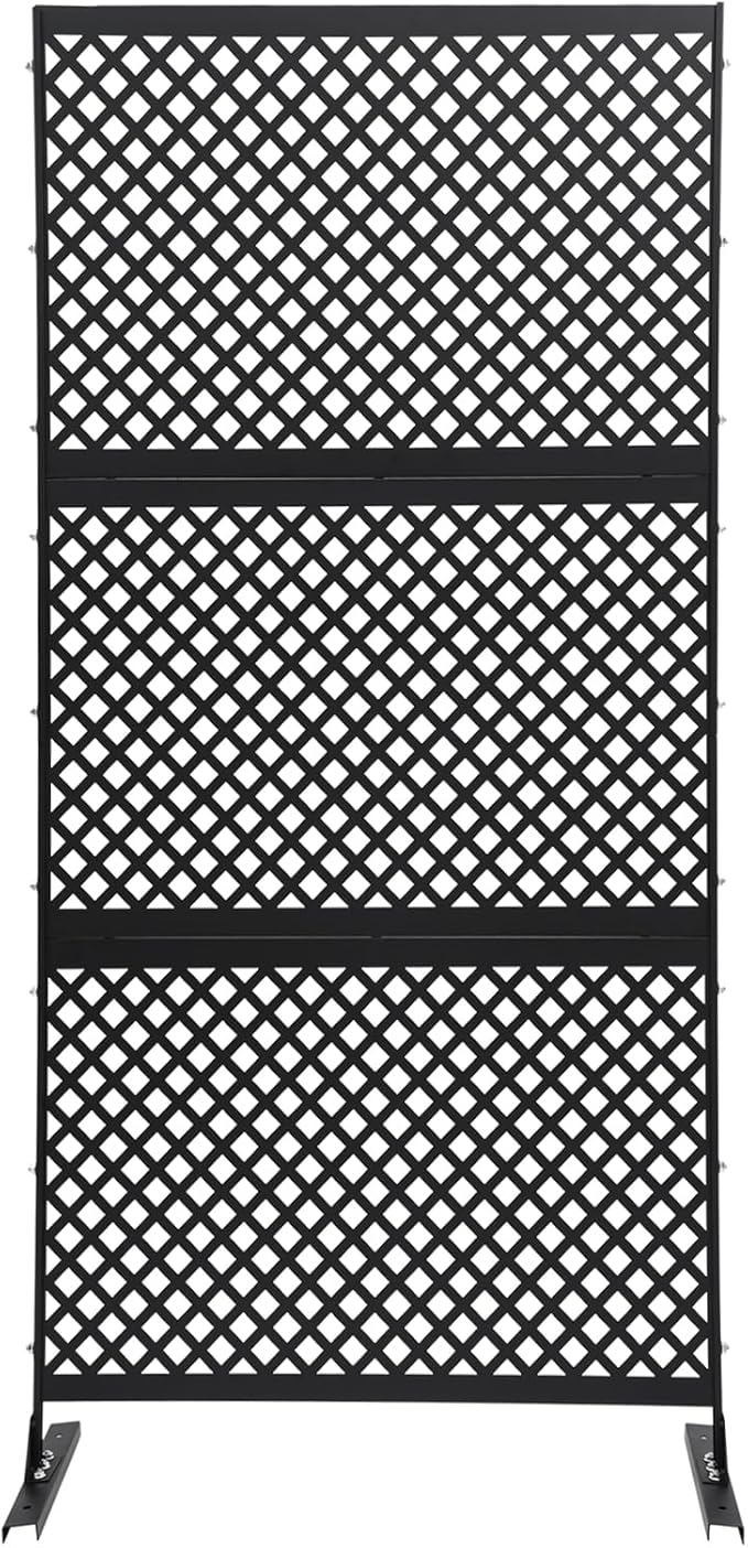 75" H×35" W Decorative Outdoor Privacy Screen with Stand, Outdoor Decor Privacy Fence Screen Metal Fence Panels, Free Standing Metal Divider for Patio Lawn Deck (Black-Small Square)