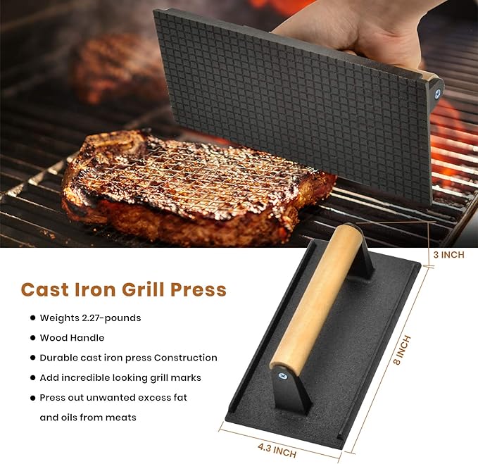 Stanbroil Large Metal Griddle Spatula Set with Long Flat Spatulas and Cast Iron Grill Press for Flat Tops, Griddles, Grills, Ovens and Stoves,Set of 4